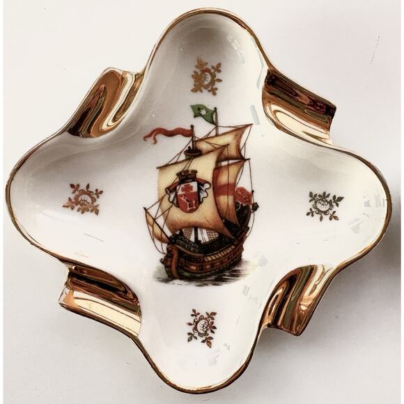 Limoges H.T. Ashtray Pair Tobacciana Gold Trim Pirate Ship Sailor Cigar Man Cave - Picture 2 of 5